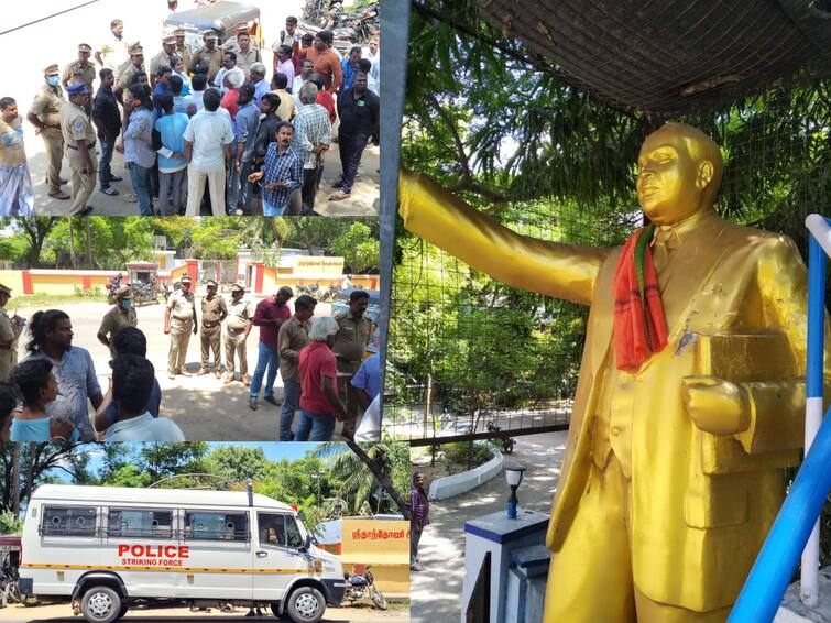 Kanchipuram Mysterious persons draped saffron cloth at Ambedkar statue TNN அம்பேத்கர் சிலைக்கு காவி துண்டு அணிவித்த மர்ம நபர்கள் - காஞ்சிபுரத்தில் பரபரப்பு