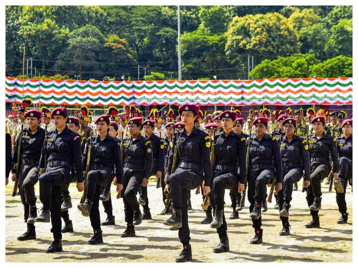 Security personnel during parade rehearsal ahead of Independence Day celebrations, at Veterinary college premises in Guwahati. (Image: PTI)