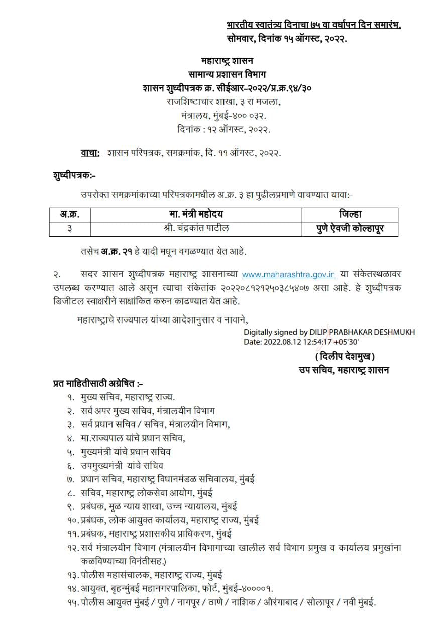 Chandrakant Patil : एका रात्रीत निर्णय बदलला! कोल्हापूरमध्ये आता चंद्रकांत पाटलांच्या हस्ते 15 ऑगस्टला ध्वजारोहण होणार  