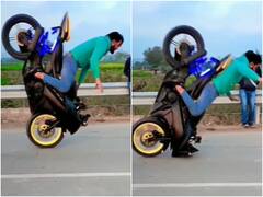 Viral Video: बाइक को एक टायर पर खड़ा करने की कोशिश में था स्टंटबाज़, मुंह के बल गिरा तो दिन में दिखे तारे