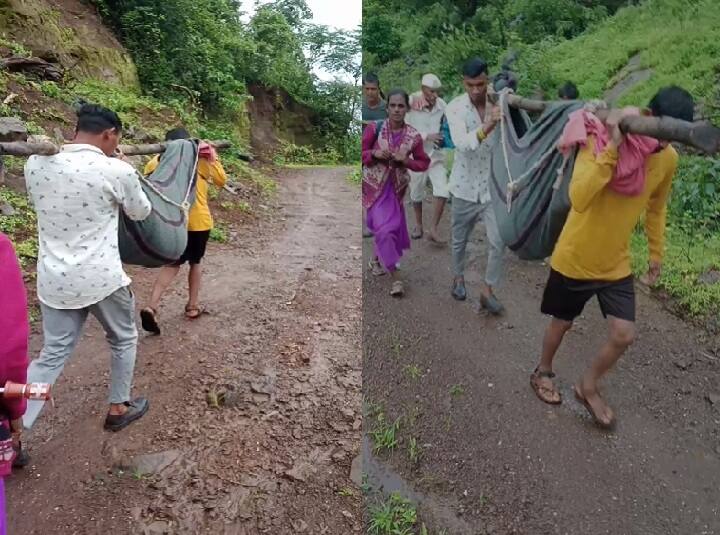 त्र्यंबकेश्वर तालुक्यातील हेदपाडामधील एका गर्भवती महिलेला झोळीत घालून नातेवाईकांना 3 किलोमीटरची पायपीट करावी लागली.