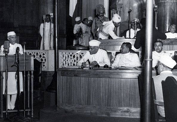 Photograph of Jawaharlal Nehru, first Prime Minister of India, declaring Indian Independence in the Constituent Assembly, Delhi. Dated 1947.