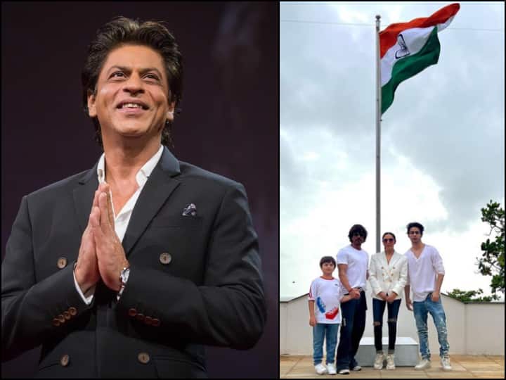 Shah rukh khan hoisted indian flag with gauri khan abram khan aryan khan praise har ghar tiranga Independence Day 2022: શાહરુખ ખાને પોતાના ઘર 'મન્નત' ઉપર તિરંગો ધ્વજ ફરકાવ્યો અને કરી આ મહત્વની વાત