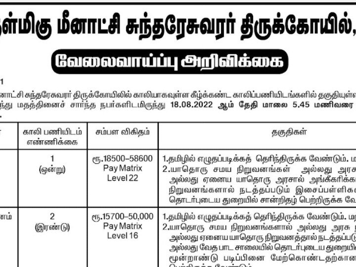 Jobs : தமிழ் எழுத படிக்க தெரிந்தாலே போதும்.. மதுரை மீனாட்சியம்மன் கோயிலில் வேலை.. இதை உடனே படிங்க..