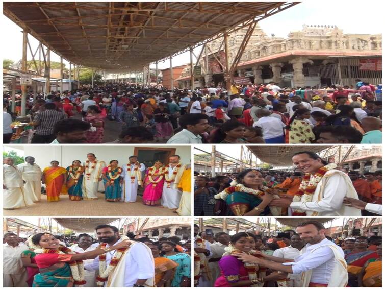 Married his three daughters who were born and brought up abroad to foreigners as per Tamil culture at Subramanya Swamy temple TNN காதலுக்கு எதிர்ப்பில்லை....பிரான்ஸில் பிறந்து வளர்ந்த  3 மகள்களுக்கு திருச்செந்தூர் கோயிலில் திருமணம் நடத்திய பெற்றோர்