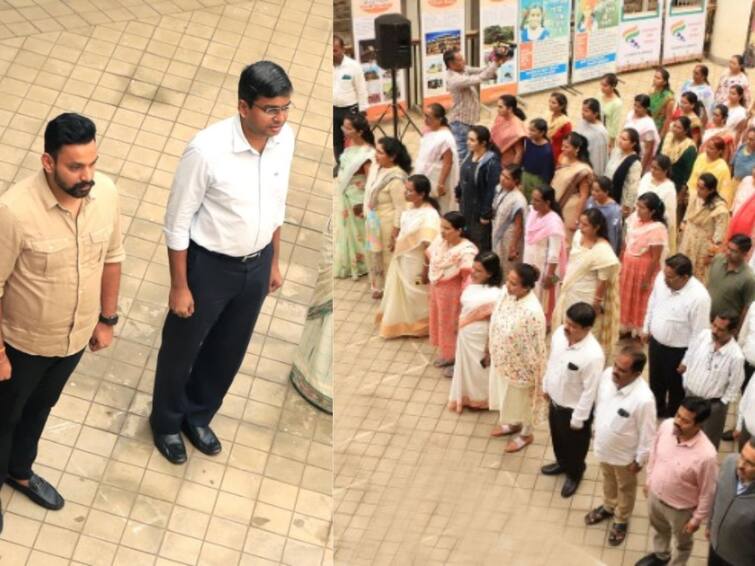 Collective singing of National Anthem concluded at Kolhapur Collectorate Kolhapur News : कोल्हापूर जिल्हाधिकारी कार्यालयात सामूहिक राष्ट्रगीत गायन संपन्न