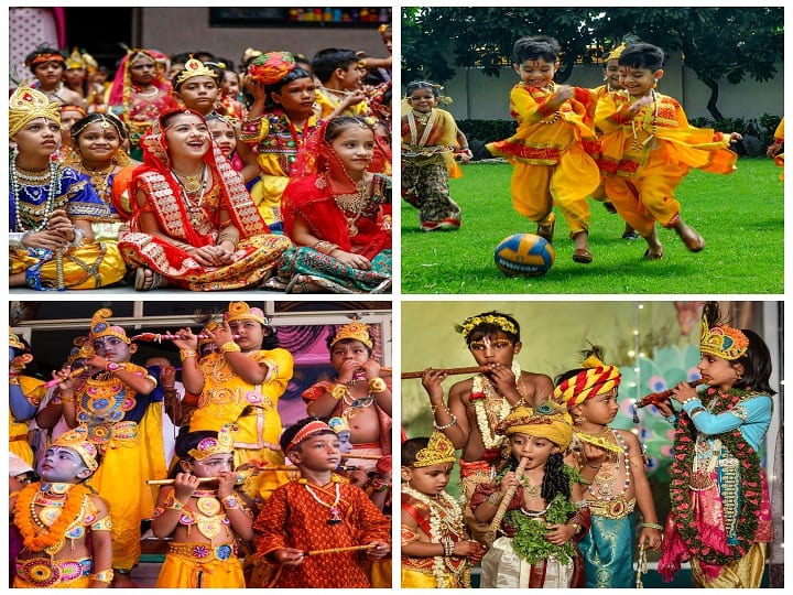 Students dressed as Lord Krishna and Goddess Radha take part in a fancy dress competition organised in different parts of the country.