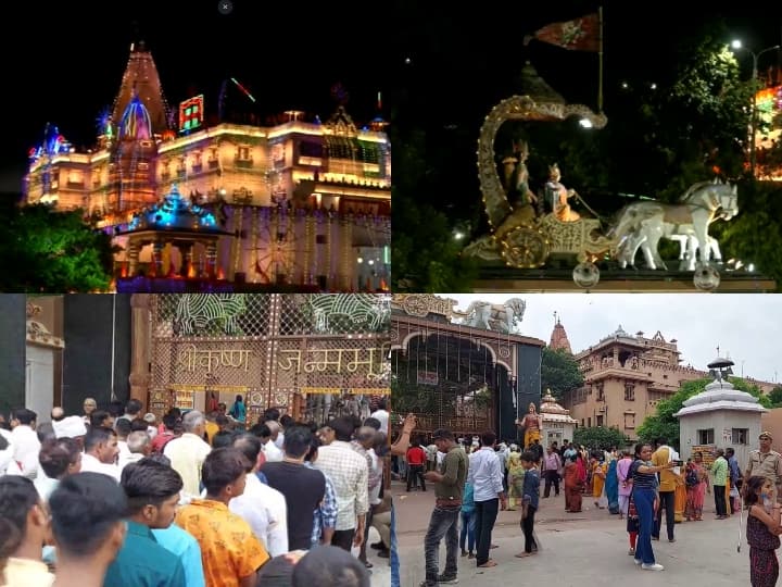 Krishna Janmashtami 2022 Shubh Muhurat Puja in Mathura Vrindavan by devotees and Increased security arrangements near temples Janmashtami 2022: कृष्ण जन्माष्टमी पर मथुरा में उमड़ी भक्तों की भीड़, बढ़ाई गई सुरक्षा, PAC, RAF, ATS तैनात