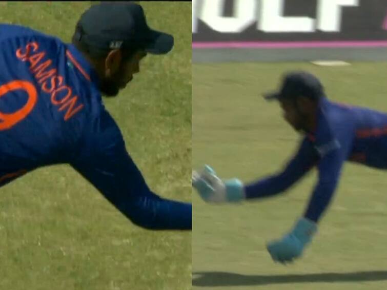 IND vs ZIM 2nd ODI: Sanju Samson takes astonishing one-handed diving catch - watch video Watch video: ஒற்றை கையால் கேட்ச்.. கெத்துகாட்டிய சஞ்சு.... ஜிம்பாவேக்கு எட்டுத்திக்கும் பயம் காட்டும் இந்திய பெளலர்கள்!