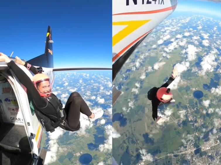 workout by woman before skydiving from helicopter left netizens speechless Watch Video: ஸ்கை டைவிங்குக்கு முன் விமானத்தில் தொங்கியபடி பெண் உடற்பயிற்சி... வாவ் சொல்லும் நெட்டிசன்கள்!