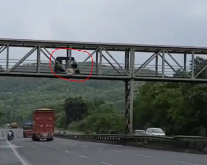 Palghar rickshaw Video Viral auto driver Cross Mumbai Ahmedabad Highway on public bridge at Palghar Video : महामार्ग क्रॉस करण्यासाठी रिक्षाचालकाकडून चक्क पादचारी पुलाचा वापर! व्हिडीओ तुफान व्हायरल 