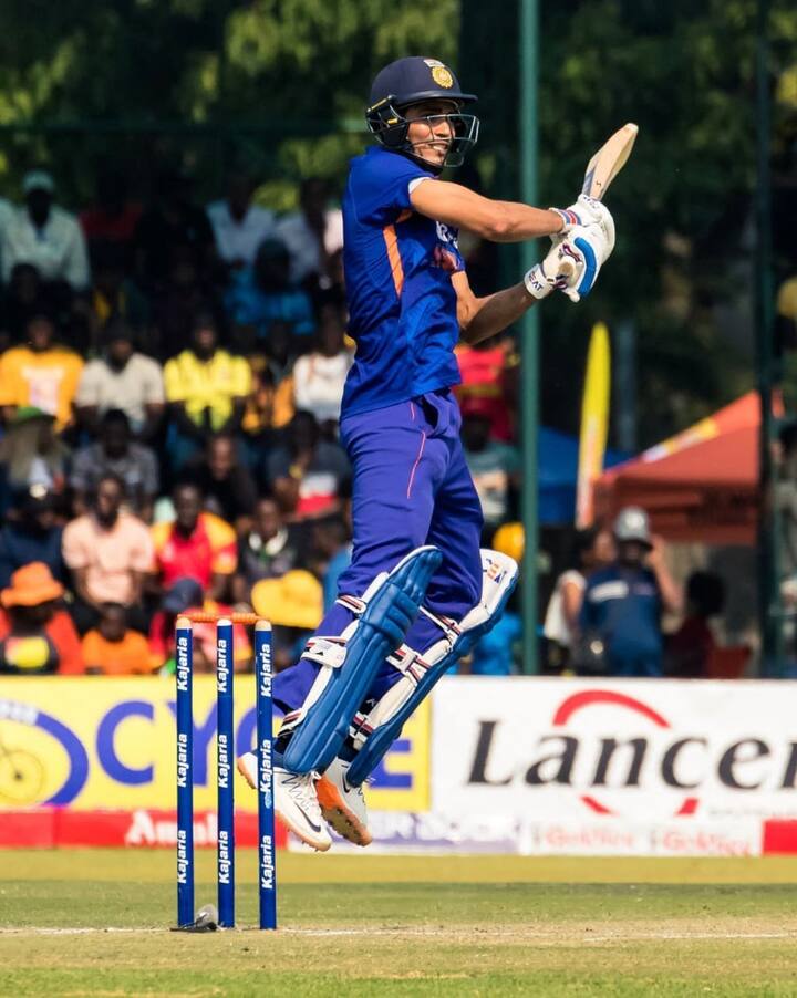 Shubman Gill (22 years 348 days) also leapfrogged Rohit Sharma (23 years 28 days) and Yuvraj Singh (23 years 266 days) to become the youngest batter to score a ton in Zimbabwe. Photo: KKR / Twitter