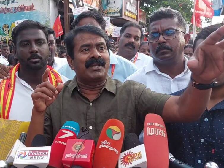 Seeman Protest condemning the Tamil Nadu government for allowing the Indian rare sand plant to mine 1144 hectares of sea TNN ‘திமுக அரசு மத்திய அரசிடம் எதை தட்டி கேட்டுள்ளார்கள்’ - சீமான் கேள்வி