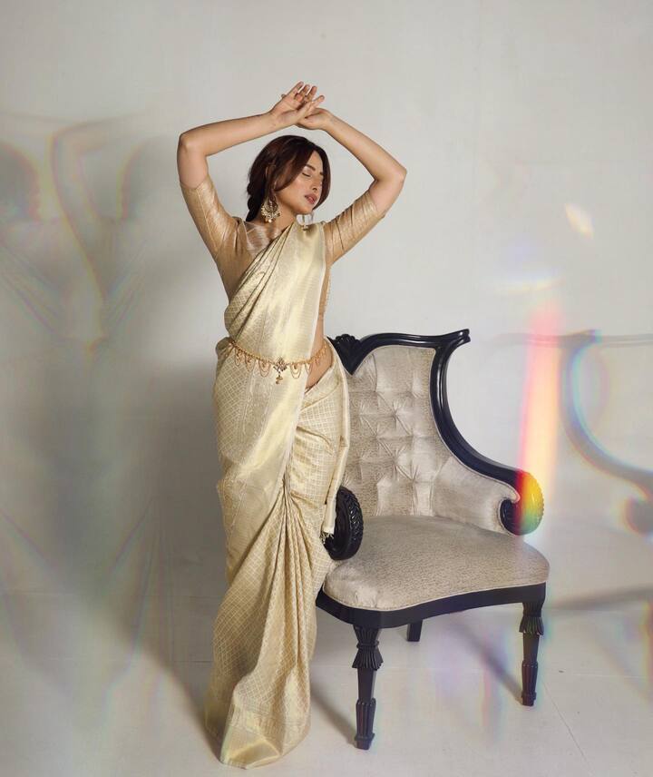 फोटोज में माहिरा शर्मा को गोल्डन सिल्क साड़ी पहने हुए देखा जा सकता है. सिंपल अंदाज में भी वह बला की खूबसूरत लग रही हैं.