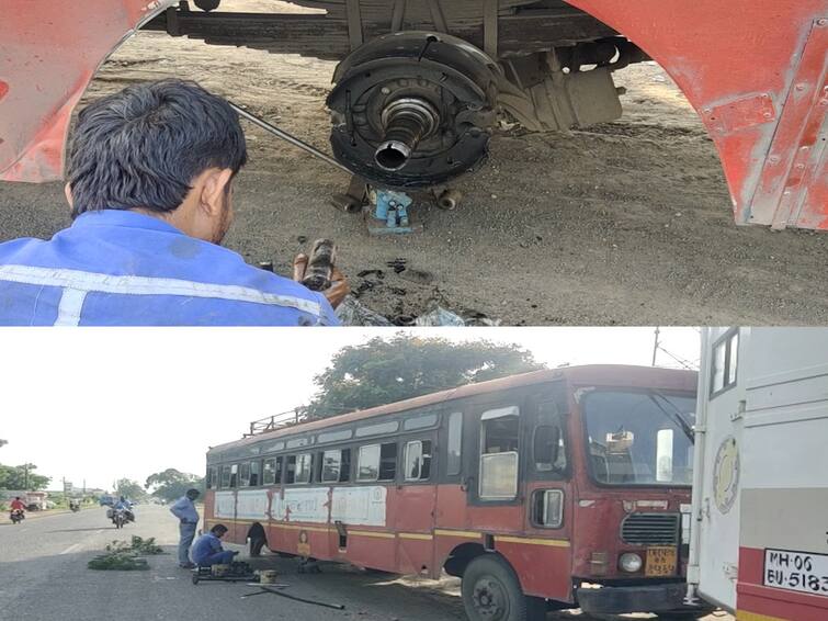 Parbhani wheel of a moving bus came off fortunately a disaster was averted A serious incident took place on Wasmat Road Parbhani : चालत्या बसची चाक निखळली, सुदैवाने अनर्थ टळला; परभणीतील वसमत रस्त्यावर घडला गंभीर प्रकार