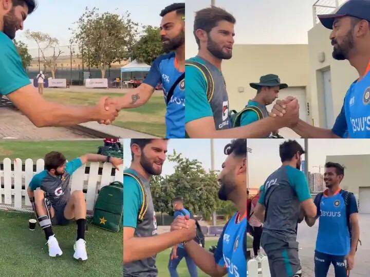 IND vs PAK, Asia Cup 2022: 2022 એશિયા કપમાં 28 ઓગસ્ટે ભારત અને પાકિસ્તાન વચ્ચે મેગા મુકાબલો થવાનો છે. આ પહેલા બન્ને ટીમો દુબઇ પહોંચીને જબરદસ્ત તૈયારીઓમાં લાગી છે, દુબઇમાં ભારતીય ક્રિકેટરોએ આ દરમિયાન ઇજાગ્રસ્ત પાકિસ્તાની ફાસ્ટ બૉલર શાહીન આફ્રિદી સાથે મુલાકાત કરી હતી. આની કેટલીક તસવીરો સામે આવી છે.