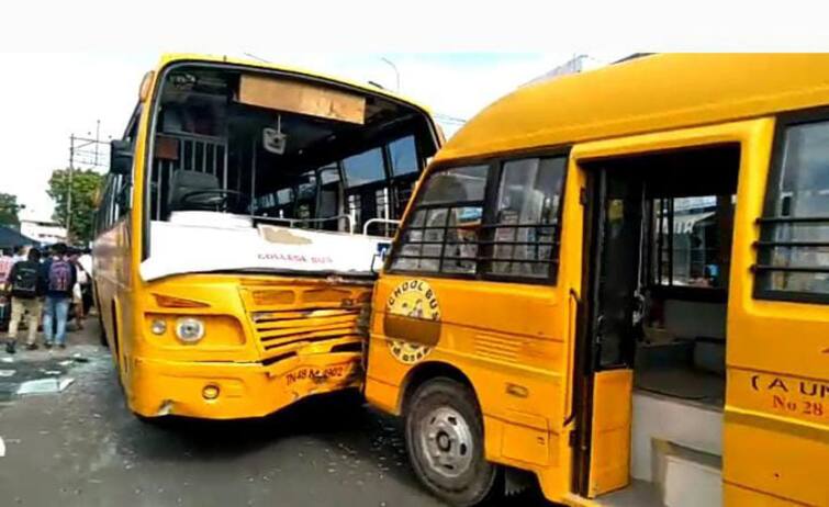 Trichy: 10 students injured in bus-school van head-on collision TNN திருச்சியில் பேருந்து - பள்ளி வேன் நேருக்கு நேர் மோதல் -  10 மாணவர்கள் காயம்