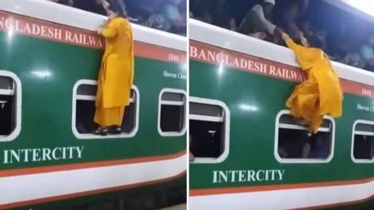 Viral Video Woman tries to climb on train roof before cops spot her, netizens cant stop laughing Watch Video : ’தொடரி’ பாணியில் ரயில்வே ஸ்டேஷனில் நடந்த விநோதம்.. வயிறுவலிக்க சிரித்த நெட்டிசன்கள்..
