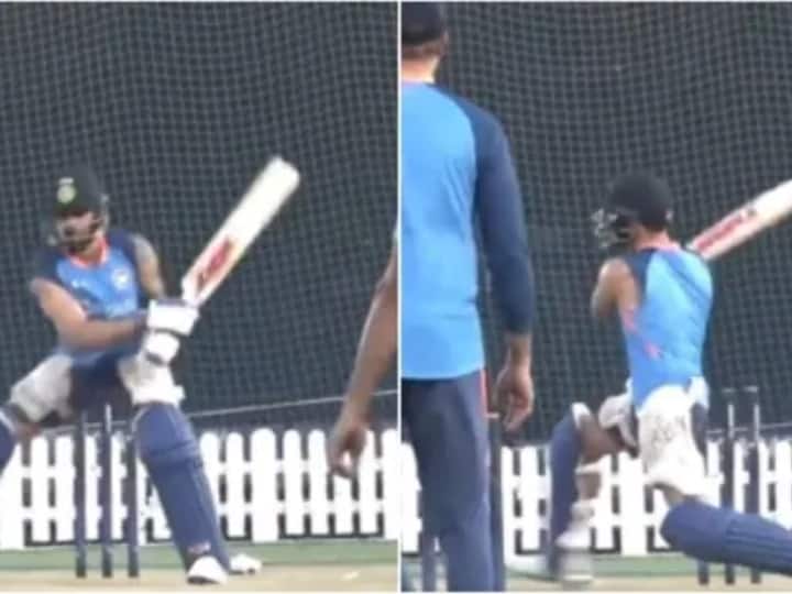 Virat Kohli tries to play a switch hit shot on the full toss ball of Yuzvendra Chahal in the nets practice before the Asia Cup match Watch: एशिया कप मैच से पहले नेट्स प्रैक्टिस में  कोहली ने खेला 'ग्लैन मैक्सवेल का शॉट', वीडियो वायरल