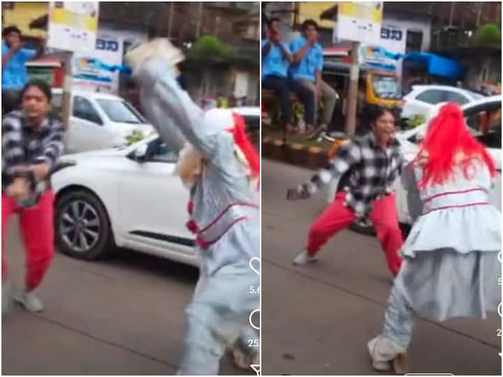 woman dancer Shreya Acharya dances with Joker on song Appadi Podu In Between The Traffic In Mangalore Karnataka During Janmashtami Festival Viral Video On Social media बीच सड़क पर लड़की ने जोकर के साथ किया जबरदस्त डांस,  Video देख थिरकने लगेंगे आप