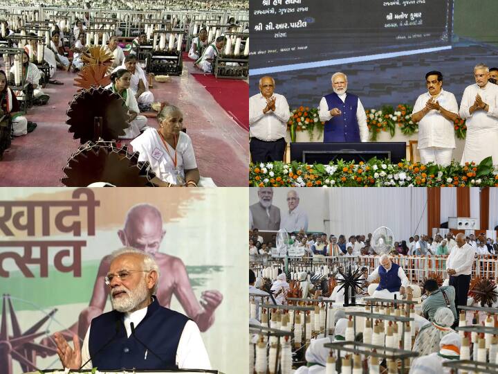 khadi Utsav: गुजरात दौरे के पहले दिन प्रधानमंत्री नरेंद्र मोदी ने  'गुजरात राज्य खादी ग्रामोद्योग बोर्ड' की नई बिल्डिंग का उद्घाटन किया. इसके बाद पीएम मोदी ने महिला कारीगरों के साथ चरखा चलाया.