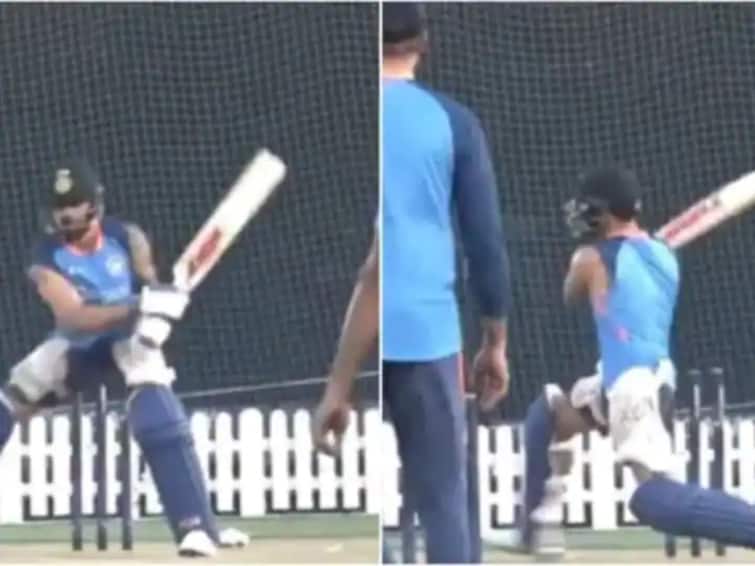 Virat Kohli plays glenn maxwell shot in practice session before india vs pakistan match Virat Kohli : जेव्हा विराट कोहली ग्लेन मॅक्सवेलवाला शॉट खेळतो, पाहा VIDEO
