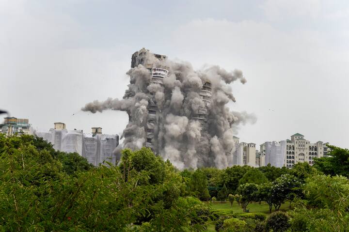 Supertech's twin towers in Noida were demolished on Sunday, over 3,700 kgs of explosives was used to bring down the structure. (PTI Photo)