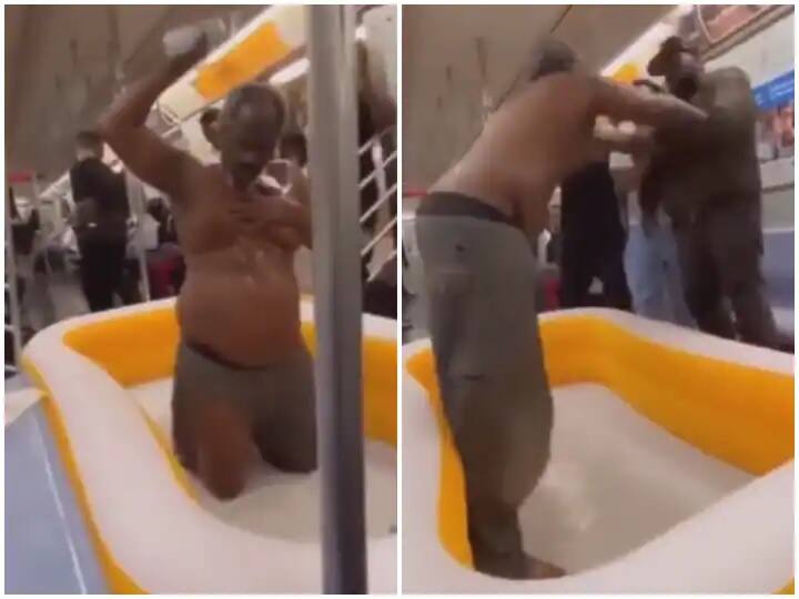 Man Is Seen Taking A Bath Inside The Metro Video Viral On Social Media Viral Video: મેટ્રોમાં જ બાથટબ લઈને નહાવા બેસી ગયો શખ્સ, લોકોએ રોક્યો તો થઈ લડાઈ, જુઓ વીડિયો