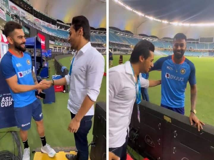 Maaro Muje maaro fame pakistani star Momin Saqib meets Hardik Pandya and Virat Kohli after Ind vs Pak game watch video Pak की हार के बाद विराट कोहली-हार्दिक पंड्या से मिले 'मारो मुझे मारो' फेम Momin Saqib, बोले- भाई तेरा छक्का नहीं भूलेगा