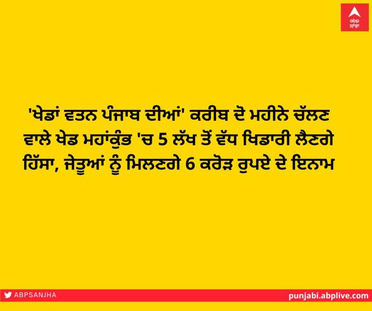 More than 5 lakh players will participate in the 'Khedan Watan Punjab', which will last for two months, and the winners will get a prize of Rs 6 crore. 'ਖੇਡਾਂ ਵਤਨ ਪੰਜਾਬ ਦੀਆਂ' ਕਰੀਬ ਦੋ ਮਹੀਨੇ ਚੱਲਣ ਵਾਲੇ ਖੇਡ ਮਹਾਂਕੁੰਭ 'ਚ 5 ਲੱਖ ਤੋਂ ਵੱਧ ਖਿਡਾਰੀ ਲੈਣਗੇ ਹਿੱਸਾ