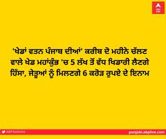 'ਖੇਡਾਂ ਵਤਨ ਪੰਜਾਬ ਦੀਆਂ' ਕਰੀਬ ਦੋ ਮਹੀਨੇ ਚੱਲਣ ਵਾਲੇ ਖੇਡ ਮਹਾਂਕੁੰਭ 'ਚ 5 ਲੱਖ ਤੋਂ ਵੱਧ ਖਿਡਾਰੀ ਲੈਣਗੇ ਹਿੱਸਾ, ਜੇਤੂਆਂ ਨੂੰ ਮਿਲਣਗੇ 6 ਕਰੋੜ ਰੁਪਏ ਦੇ ਇਨਾਮ