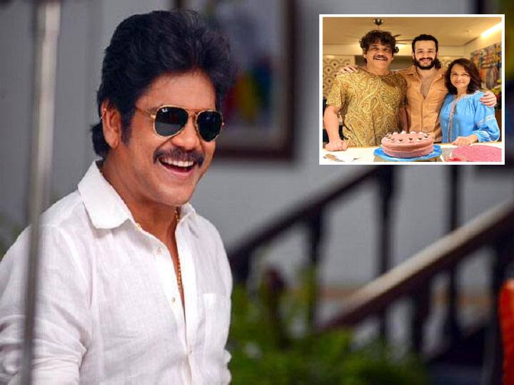 Nagarjuna poses for a perfect family photo with his wife Amala and son Akhil फैमिली के साथ परफेक्‍ट पोज देते Nagarjuna की बर्थडे फोटो सोशल मीडिया पर हुई वायरल