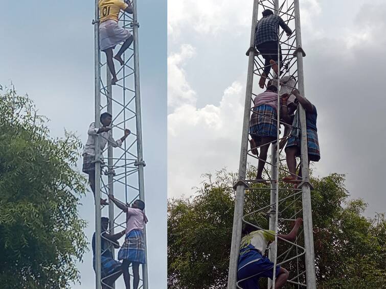 Villupuram: sudden protest by youths who climbed the tower to protest against the construction of a cell phone tower விழுப்புரம்: செல்போன் கோபுரம் அமைக்க எதிர்ப்பு ; டவர் மீது ஏறி இளைஞர்கள் திடீர் போராட்டம்