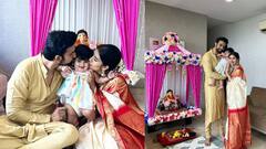 Rajeev Charu: সিঁথিতে সিঁদুর, লাল পাড় শাড়িতে গণেশ চতুর্থীতে রাজীবের পাশেই চারু