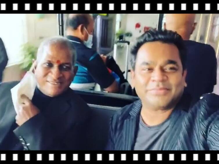 Illayaraja and AR Rahman traveling at Chennai airport ராஜாவும் ரஹ்மானும்... ஒரே இருக்கை... அருகருகே புயலுடன் இணைந்த ஞானி!