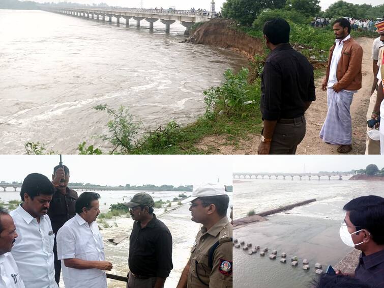 Soil erosion has occurred on the bank of Tenpenna river near Villupuram TNN விழுப்புரம் தென்பெண்ணை ஆற்றங்கரையில் மண் அரிப்பு;  கரைபுரண்டு ஓடும் வெள்ளம் - அமைச்சர் பொன்முடி நேரில் ஆய்வு