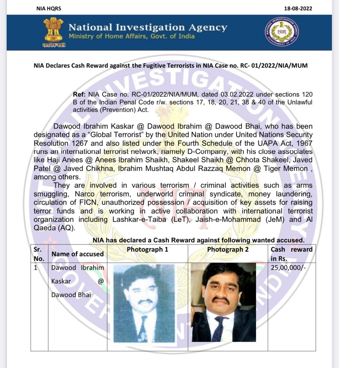 Dawood Ibrahim : NIA कडून दाऊदवर 25 लाखांचे बक्षीस जाहीर; छोटा शकील, मेमनवर ही बक्षीस