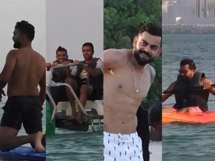 Team India players having fun at dubai during asia cup 2022 bcci post video Asia Cup 2022 : समुद्र किनारी भारतीय खेळाडूंची मजा-मस्ती, शर्टलेस होत खेळले वॉलीबाल, पाहा VIDEO