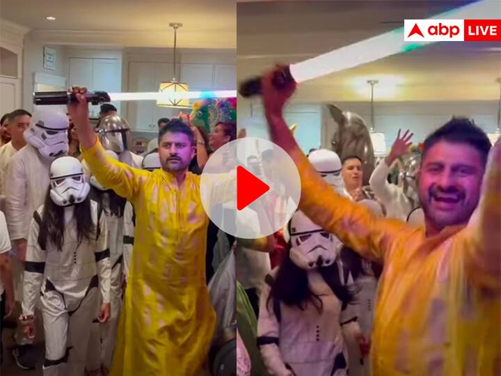 Groom enters in marriage with Star Wars Theme Baraat And Daces on Punjabi Beats Viral Video Ob Social Media Star Wars थीम पर बारात के साथ दूल्हे ने मारी एंट्री, पंजाबी बीट्स पर किया डांस, Video देखिए