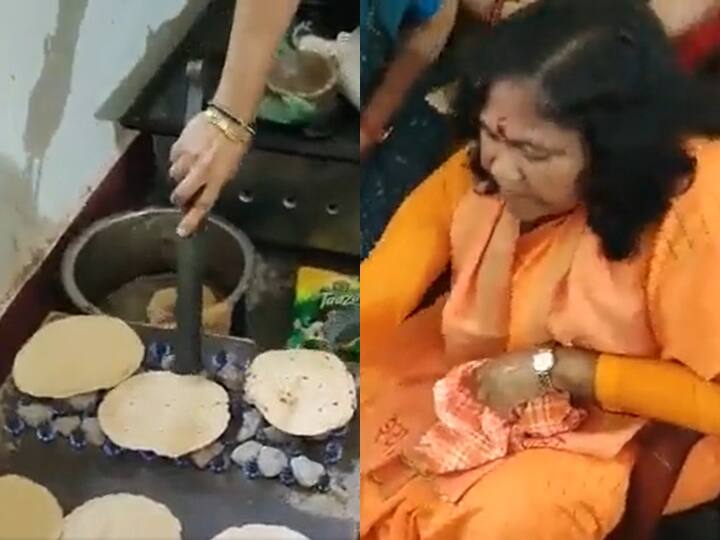 Watch Minister Sadhvi Niranjan Jyoti Viral Video on Social Media of Hamirpur baking rotis for flood victims Watch: हरमीरपुर में बाढ़ पीड़ितों के लिए रोटियां सेकतीं केंद्रीय मंत्री का वीडियो वायरल
