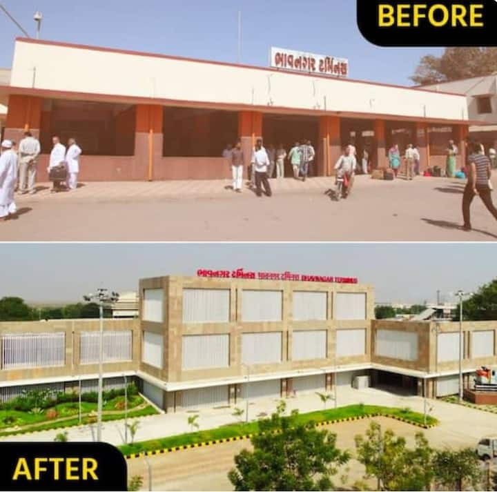 रेल्वे मंत्रालयानं भावनगर रेल्वे स्थानकाचा जुना आणि नवीन फोटो शेअर केला आहे. हे छायाचित्र शेअर करत रेल्वे मंत्रालयानं 'न्यू इंडिया, नवीन रेल्वे स्टेशन्स' असं लिहिलं आहे.