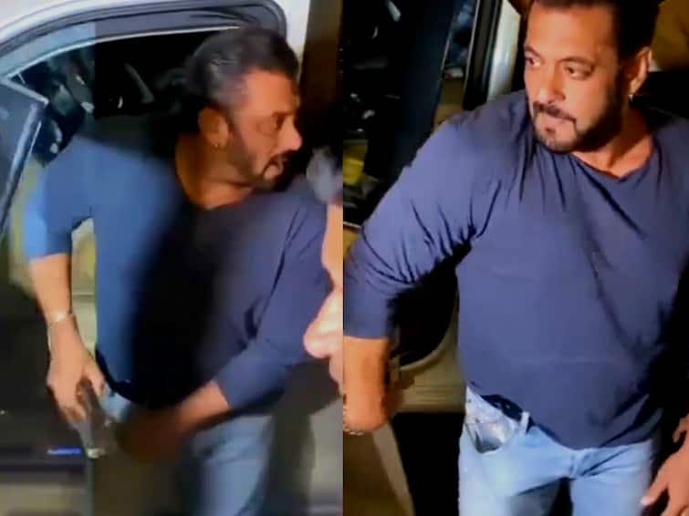 Salman Khan carries glass in pant pocket netizens discuss whether it is water or vodka Salman Khan: பிறந்தநாள் பார்ட்டிக்கு கிளாஸ் டம்ளருடன் வந்திறங்கிய சல்மான் கான்... தண்ணீரா, வோட்காவா என நெட்டிசன்கள் விவாதம்!