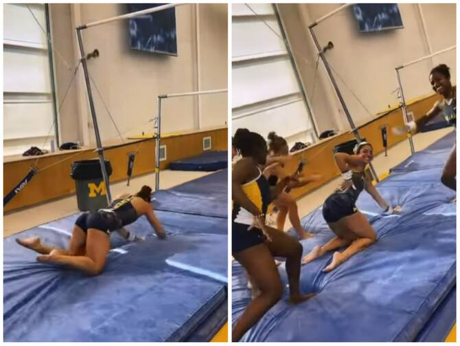 Gymnastic Players Did Super Preformance Dance On Kala Chashma While Playing In Viral Video | Funny Video: करतब करते समय जिमनास्ट का फिसला हाथ, काला चश्मा सॉन्ग पर थिरकीं खिलाड़ी Gymnastic Players Did Super Preformance Dance On Kala Chashma While Playing In Viral Video | Funny Video: करतब करते समय जिमनास्ट का फिसला हाथ, काला चश्मा सॉन्ग पर थिरकीं खिलाड़ी
