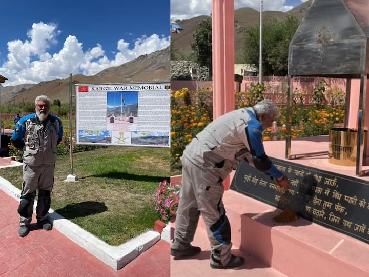 Actor Ajith at Kargil War Memorial: கார்கில் போர் நினைவு இடத்திற்க்கு நடிகர் அஜித் பைக் சவாரி!