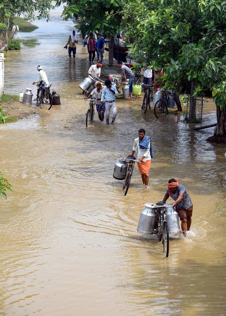 सीतामढ़ी में बारिश की वजह से हरदा नदी उफान पर है और गांव में बाढ़ के हालात बन गए हैं.परवाहा लालबंदी पथ के आसपास सड़क पर घुटने तक पानी भर गया जिससे आसपास के घरों में भी पानी घुस गया.  तस्वीरों में देख सकते हैं कि कैसे भरे पानी में से होकर दूधवालों को गुजरना पड़ रहा है.