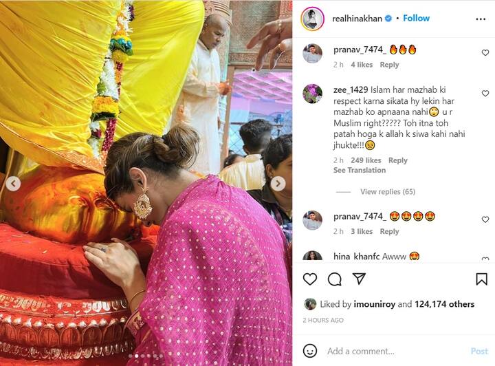 हिना खान के इस फोटोज़ पर कमेंट करते हुए एक यूजर ने लिखा है- इस्लाम हर मजहब की रिस्पेक्ट करना सिखाता है, लेकिन हर मजहब को अपनाना नहीं.....