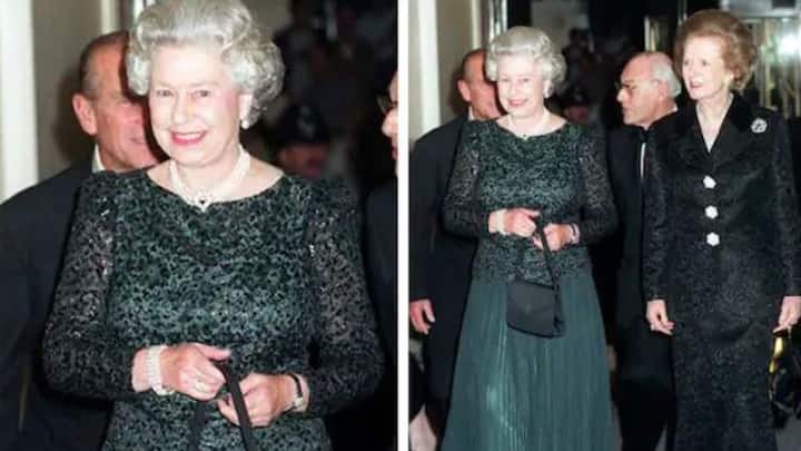 রানি স্কার্ট পরতে পছন্দ করতেন। এর কারণ ছিল যে তিনি সারা দিন স্কার্টটি সহজেই বহন করতে পারতেন। এই ছবিতে, প্রাক্তন ব্রিটিশ প্রধানমন্ত্রী মার্গারেট থ্যাচারের সাথে রানি এলিজাবেথ তাঁর ৭০ তম জন্মদিনে নৈশভোজে এসেছিলেন।