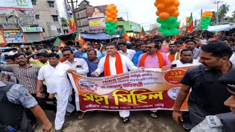 Suvendu Adhikari Addresses Rally At Nandigram Before BJPs Nabanna Program Purba Medinipur: 'ববি, ভাইপোর চাচা বলছে, ব্যবসায়ীদের ভয় দেখানো হচ্ছে', নন্দীগ্রামের সভায় আক্রমণ শুভেন্দুর