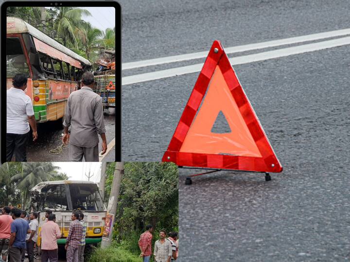 Road Accident In B.R.Ambedkar Konaseema District - Students narrow Escape from Accident అంబేద్కర్ కోనసీమ జిల్లాలో ఆర్టీసీబస్‌, లారీ ఢీ- తృటిలో తప్పిన ముప్పు- కాలేజీ విద్యార్థులు క్షేమం