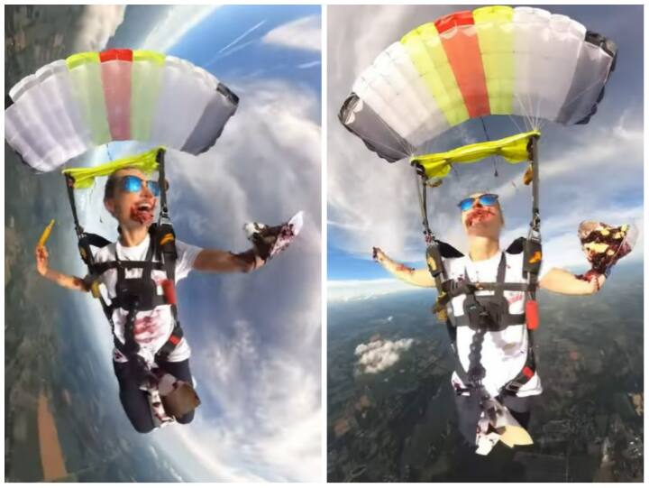 Video: हवा में हजारों फीट ऊपर चॉकलेट केक खाती नजर आई महिला, हैरानी भरा वीडियो video of a woman eating pie while skydiving has gone viral on social media Video: हवा में हजारों फीट ऊपर चॉकलेट केक खाती नजर आई महिला, हैरानी भरा वीडियो